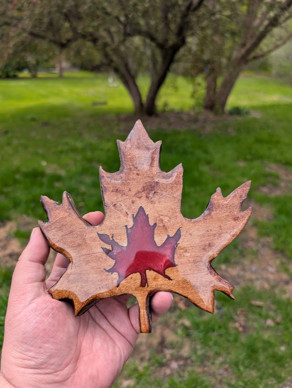 Wooden Maple Leaf with Red Resin Cutout