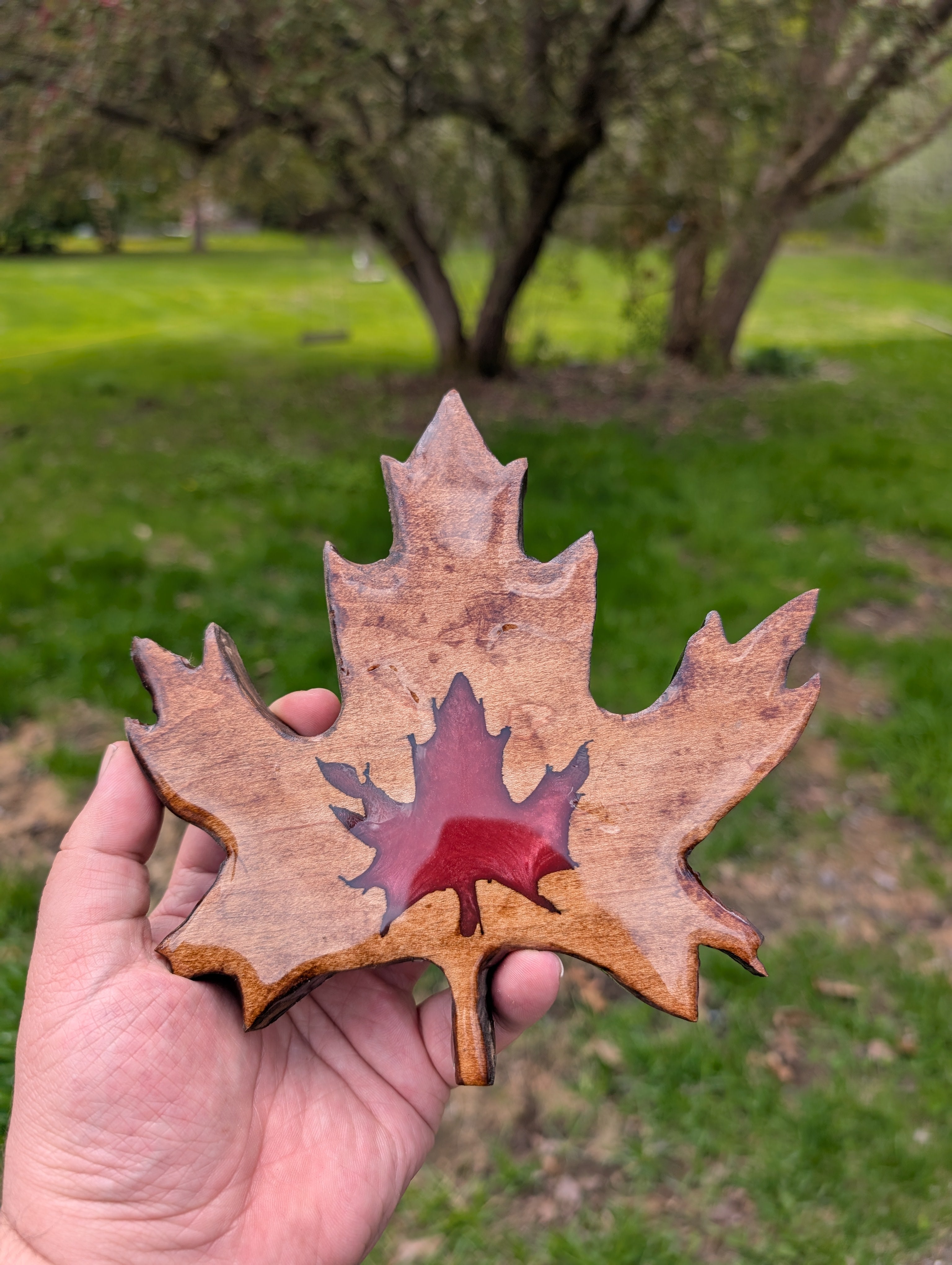 Wooden Maple Leaf with Red Resin Cutout