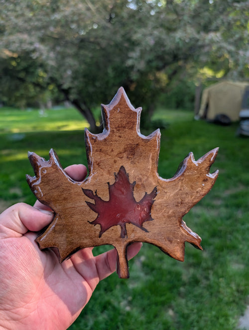 Wooden Maple Leaf with Red Resin Cutout