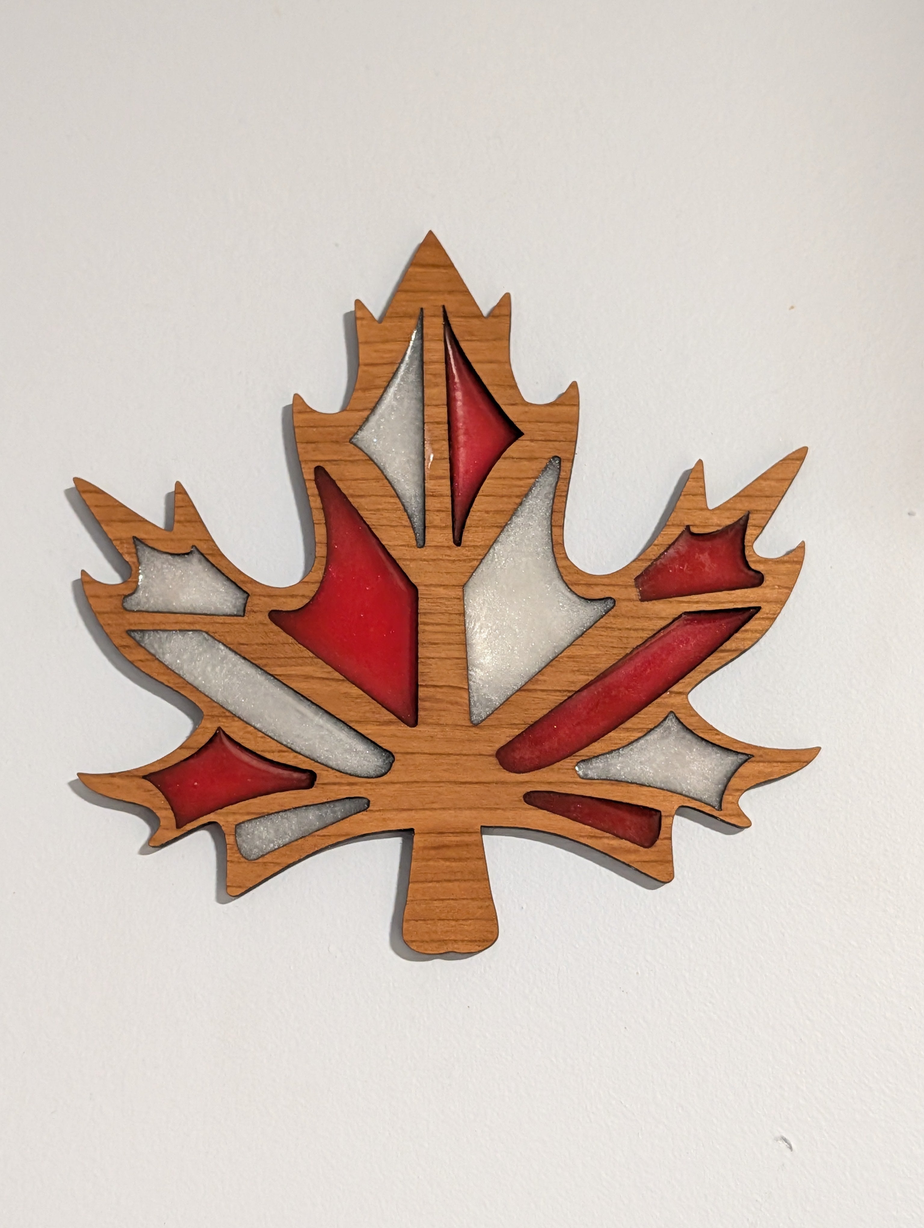 Canadian Wooden Maple Leaf with Red and White Resin